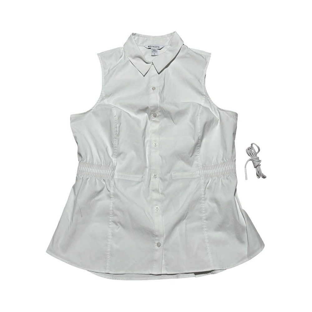 Athleta Women's Levitate Poplin Tank Sleeveless Button Down Drawstring Top Sz LG